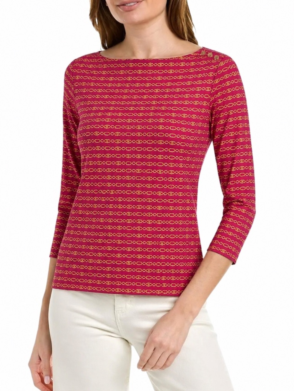 J. MCLAUGHLIN WAVESONG CARRIAGE CHAIN FITTED GRAPHIC BOATNECK 3/4 SLEEVE TEE TOP